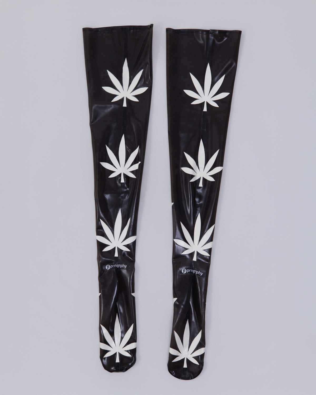 Prngrphy - Thigh High Latex Weed Socks (Black/White)