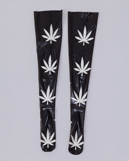 Prngrphy - Thigh High Latex Weed Socks (Black/White)
