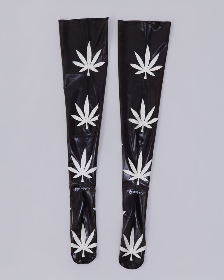 Prngrphy - Thigh High Latex Weed Socks (Black/White)